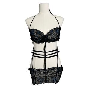 Vintage Frederick's Of Hollywood Teddy XL Blue Black Lace Strappy Lingerie Sexy